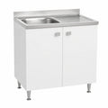 Unidad de Cocina con Fregadero Izquierdo de Acero Inoxidable y Puertas Blancas de Fresno, 80x50x88 cm