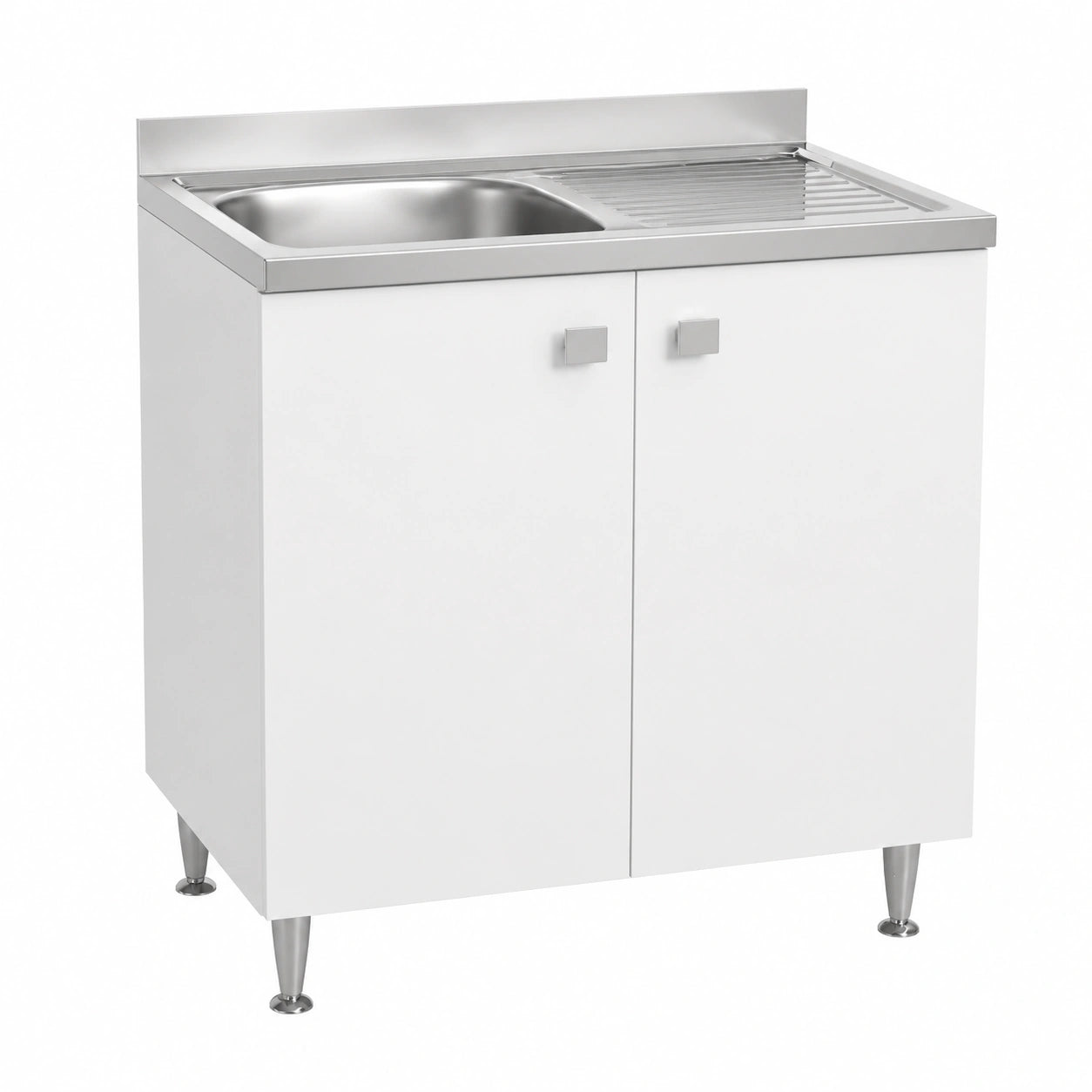 Unidad de Cocina con Fregadero Izquierdo de Acero Inoxidable y Puertas Blancas de Fresno, 80x50x88 cm