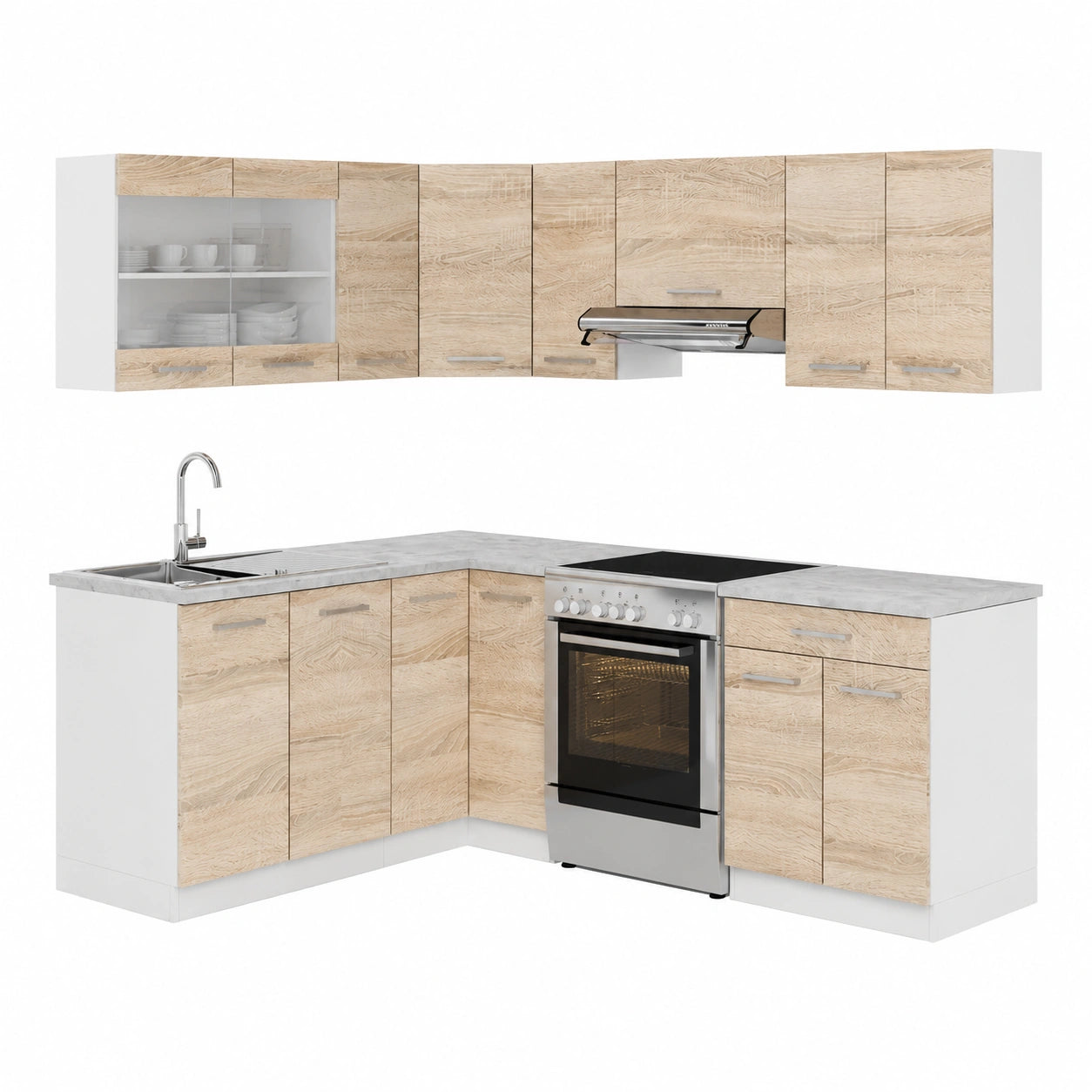 Cocina Esquinera Flexible de Vicco con Acabado Blanco y Sonoma, 210x60 cm, Diseño Modular con Encimera de Mármol