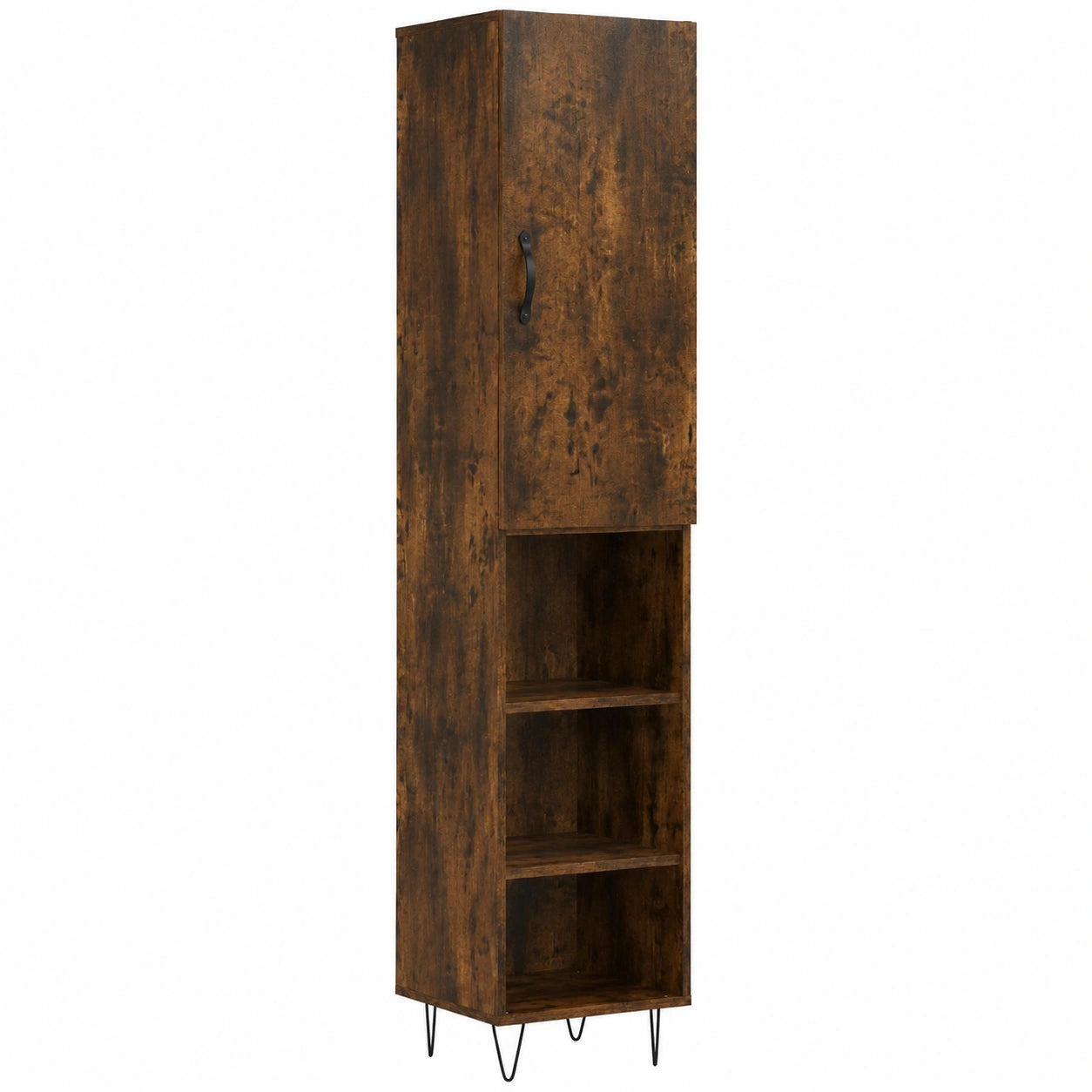 Aparador de madera de roble ahumado con amplio almacenaje y patas metálicas, 34,5 x 34 x 180 cm, elegante para salón y pasillo