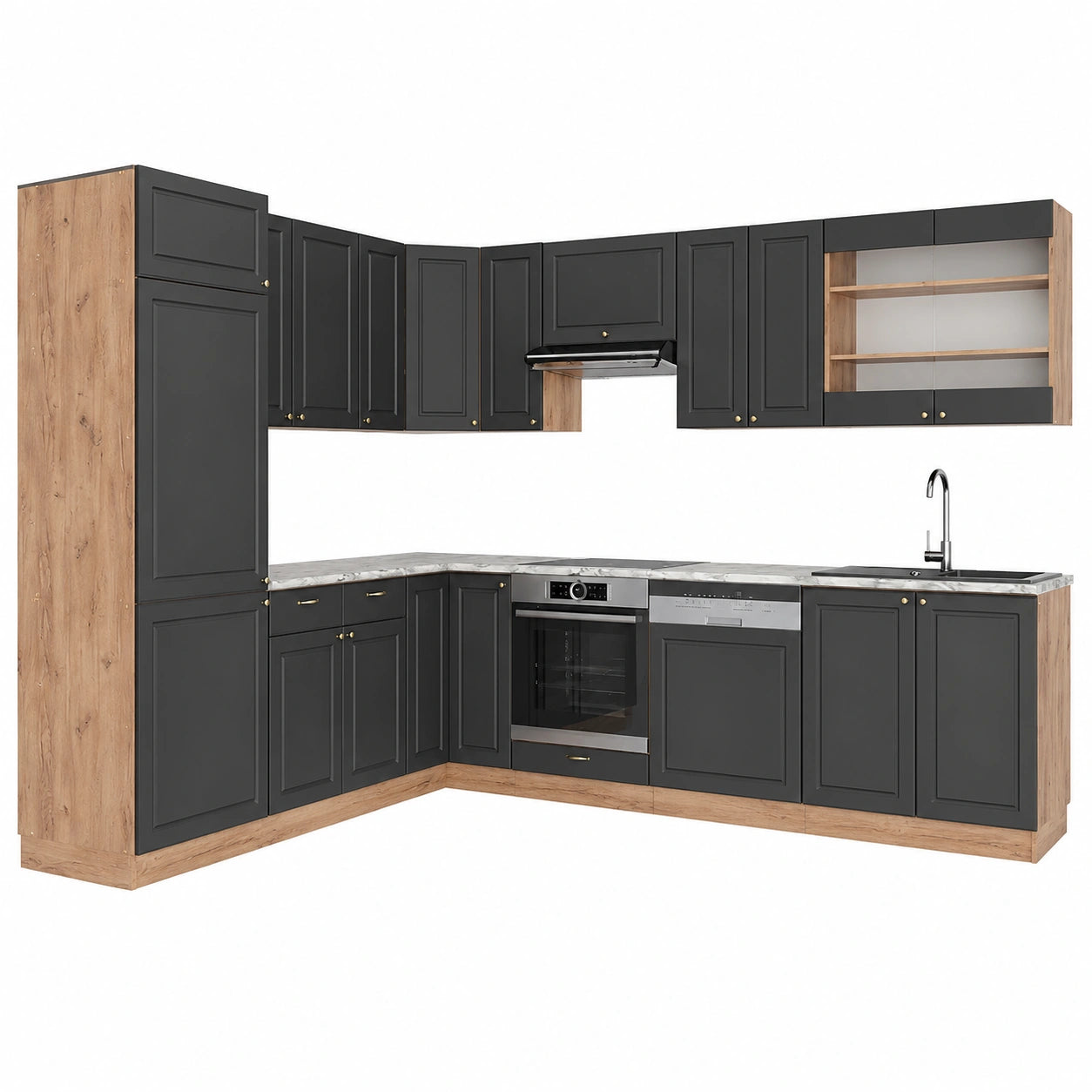 Cocina Esquinera Vicco, Antracita y Roble Dorado, 227x60 cm, Diseño Modular Compatible