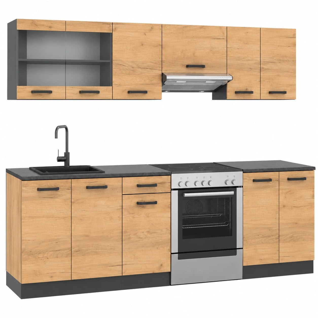 Armario de Cocina Vicco Raul, Roble Dorado/Antracita, 240 cm, Encimera Negra, Modular y Flexible