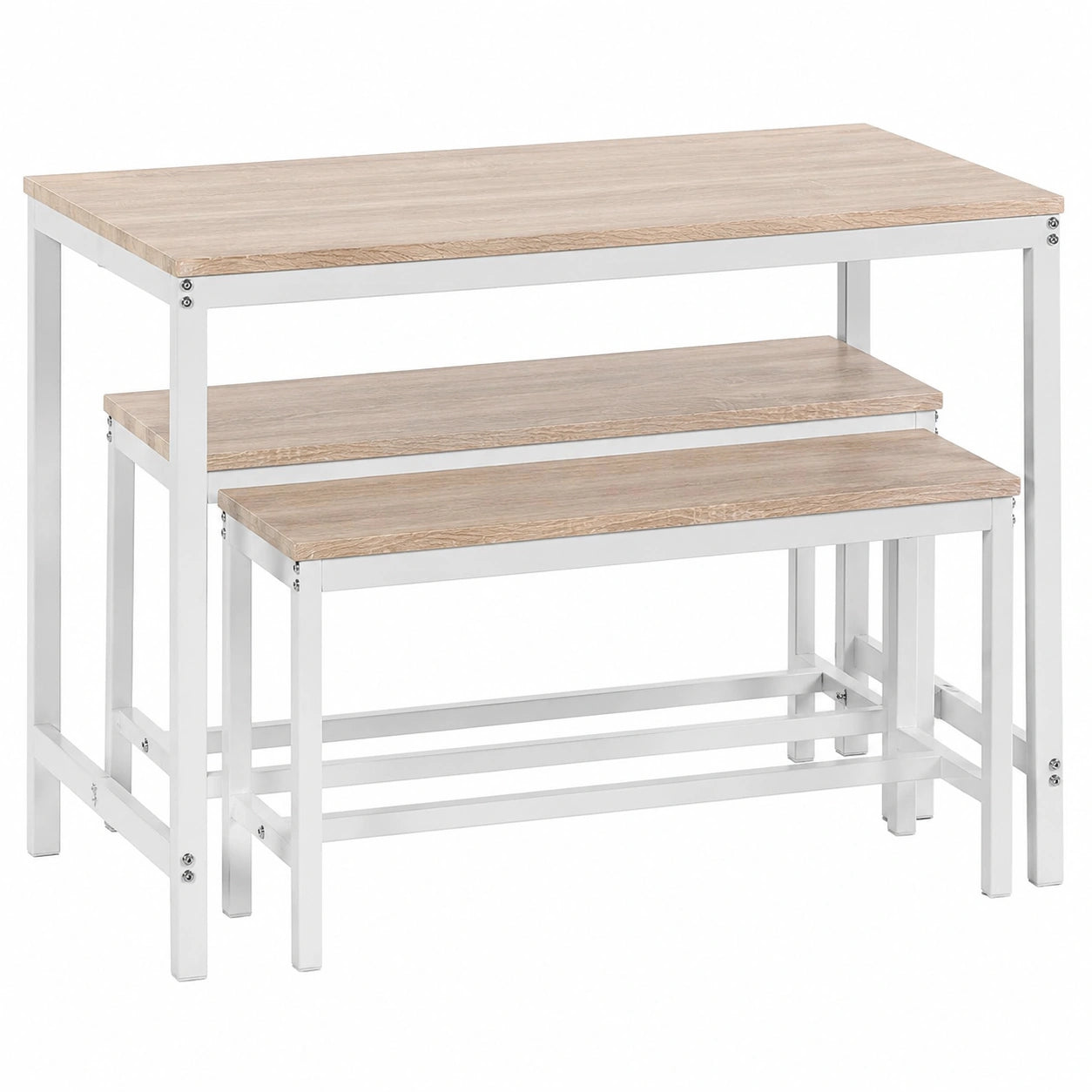 Conjunto de Mesa y 2 Bancos Lisboa Blancos de VS, para Comedor o Cocina, 110x70x75 cm, Estructura Metálica
