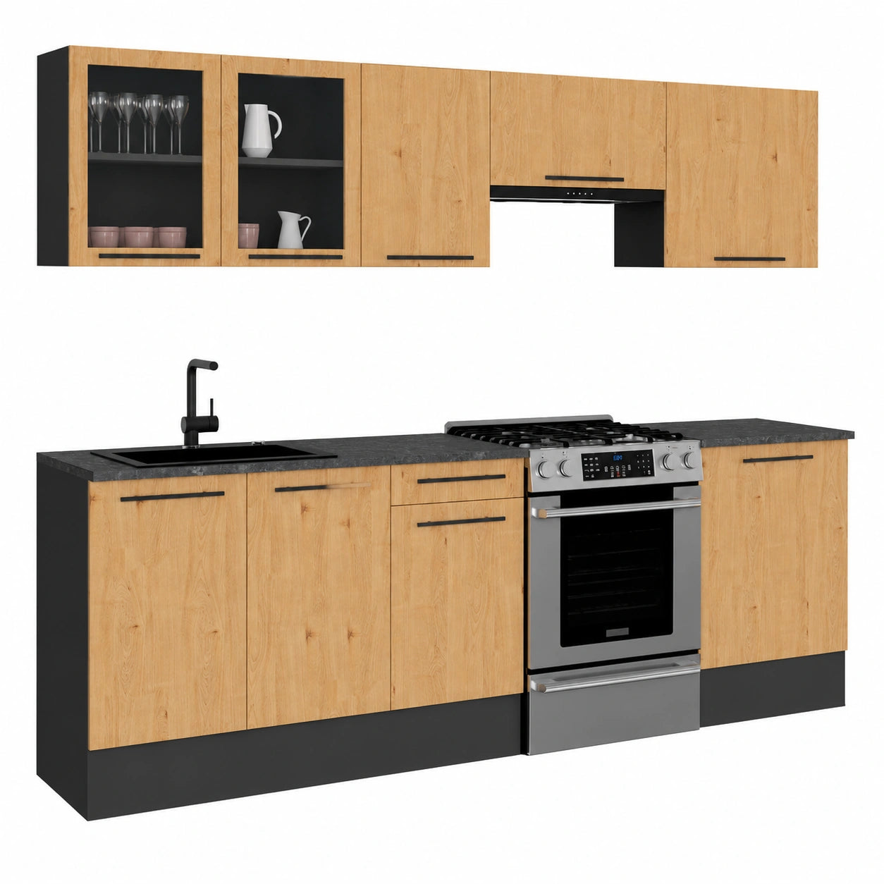 Conjunto de Cocina Completa SUBTIL 240 cm con Vitrina y Superficie de Trabajo en Madera y Negro