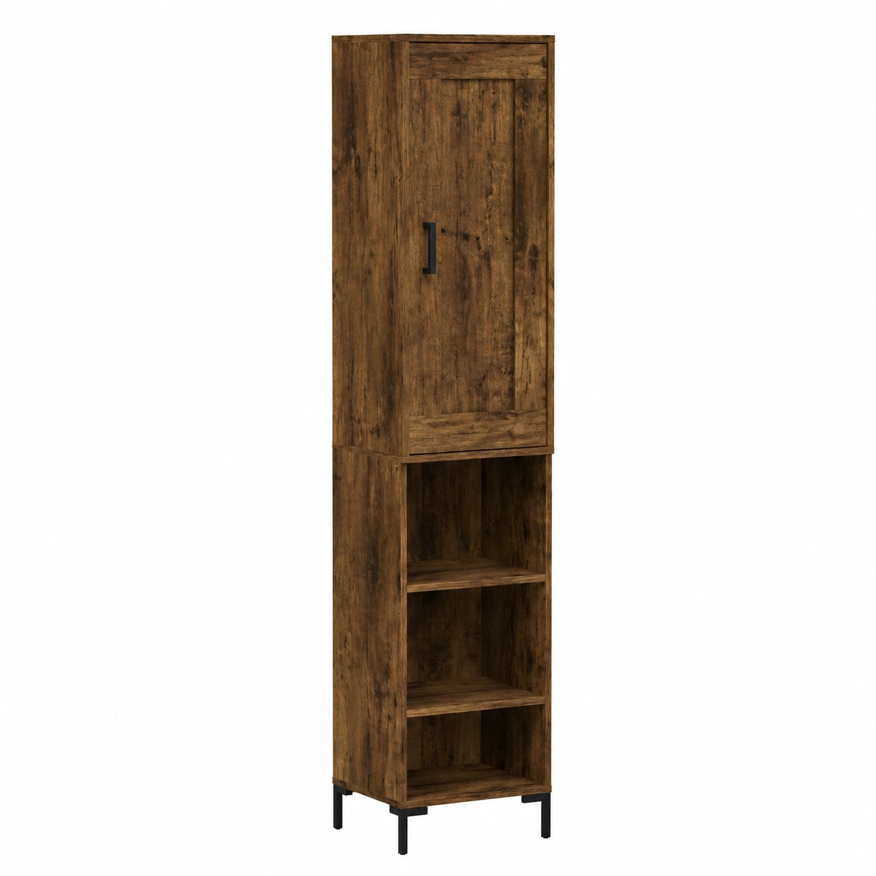 Armario Alto de Roble Ahumado con Patas Metálicas, 34,5x34x180 cm, Almacenamiento Elegante para Salón, Cocina y Pasillo