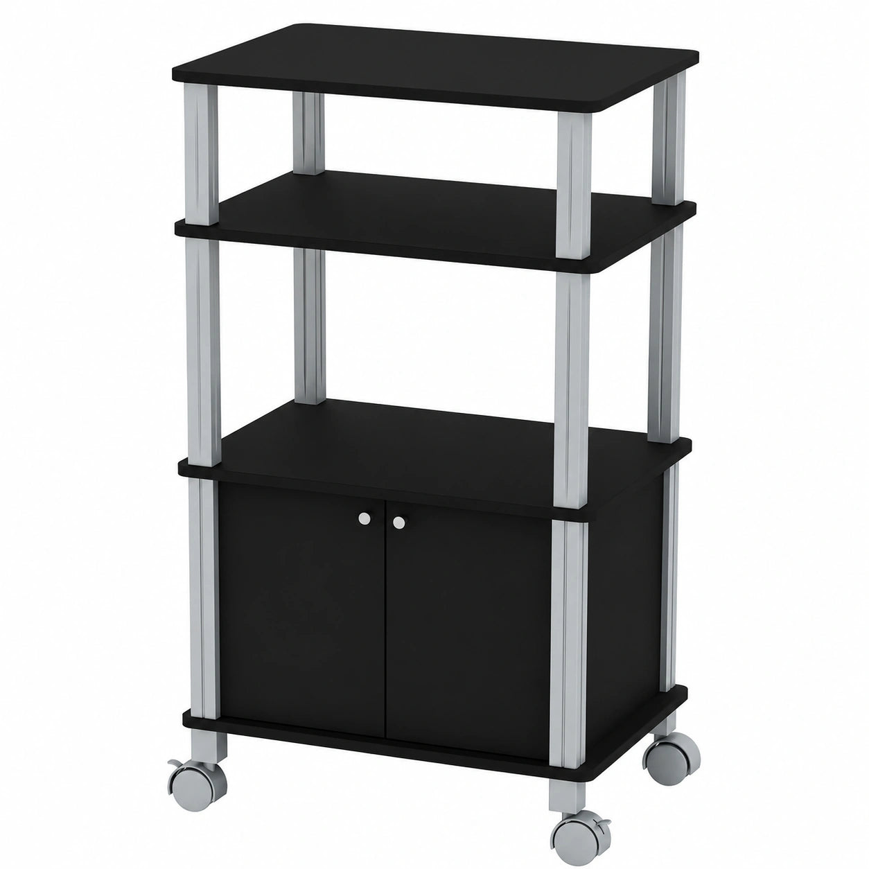 Carro de Cocina 3 Niveles con Ruedas y Armario, Estante para Microondas, Organizador de Madera, 60x40x98cm, Negro