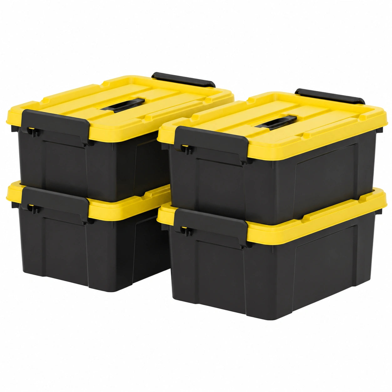Set de 4 cajas de almacenamiento resistentes de plástico con tapa y asas, para herramientas, jardín y hogar, apilables y encajables, negras y amarillas