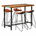 Conjunto de Muebles de Bar de Madera Reciclada y Cuero, Mesa Industrial 150x70x107 cm con 4 Sillas