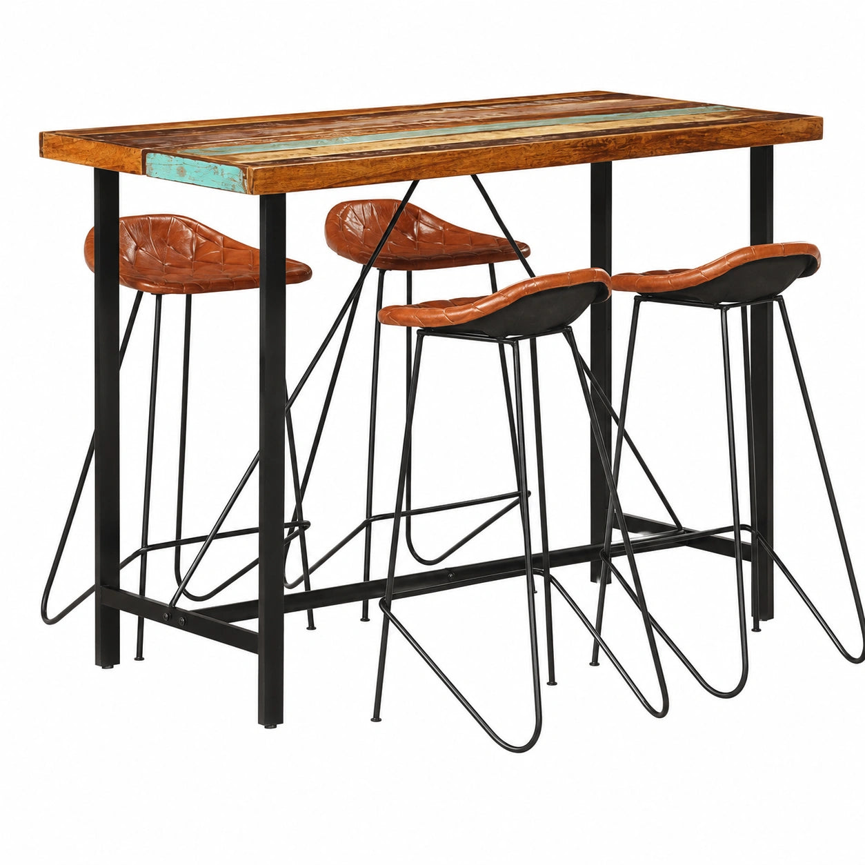 Conjunto de Muebles de Bar de Madera Reciclada y Cuero, Mesa Industrial 150x70x107 cm con 4 Sillas